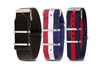 16mm NATO straps in Black, Navy-Red and Blue-White-Red strap starter pack