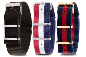 18mm Black, Navy/White/Red, and Navy/Red strap starter pack