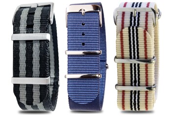 22mm Beige with stripes, Black/Silver Seatbelt, and Navy Blue strap starter pack